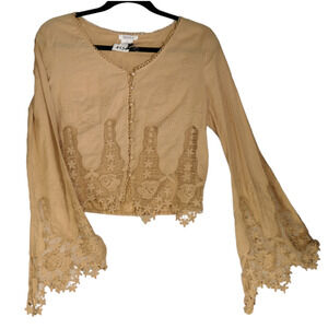 Mocha Light Brown Blouse Womens Medium Crochet Peasant Boho Semi Sheer Cropped